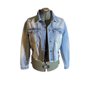 Red Star Womens Light Wash Cropped Denim Jacket Raw Hem Blue Size M